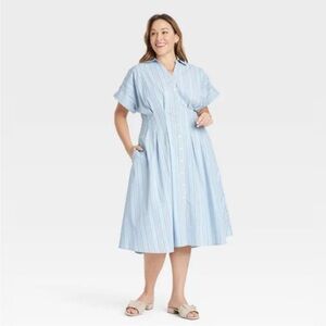 Ava & Viv Women's Short Sleeve Pleated Midi Shirtdress, Size 4X - Blue Pinstripe